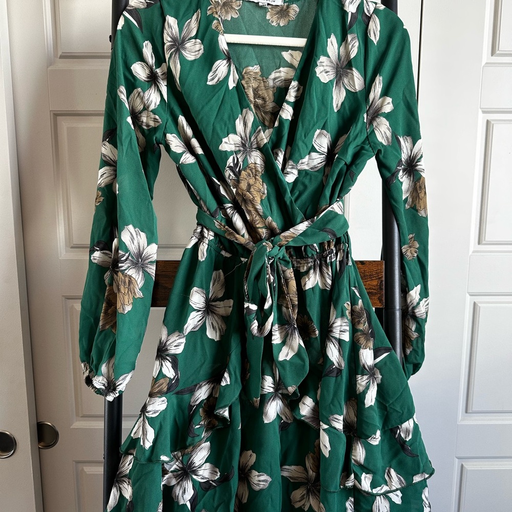 Papaya Emerald Green Floral Wrap Dress with Tie Waist
